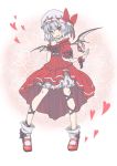  1girl alternate_costume bare_shoulders bat_wings bow box frills full_body hat hat_ribbon heart lavender_hair leg_ribbon looking_at_viewer mary_janes mob_cap puffy_sleeves red_eyes remilia_scarlet ribbon shirt shoes short_hair short_sleeves skirt skirt_set smile socks solo tongue tongue_out touhou usalxlusa valentine white_legwear wings wrist_cuffs 