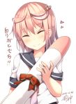  1girl blush closed_eyes dated hair_ornament i-58_(kantai_collection) kantai_collection nagomi_no_ame pink_hair school_uniform serafuku short_hair short_sleeves signature simple_background solo translation_request white_background 