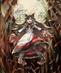  1girl animal_ears bamboo bamboo_forest brooch brown_hair dress fingernails forest full_moon fur imaizumi_kagerou jewelry long_hair moon nature night open_mouth red_eyes sharp_fingernails smile solo tail tako_(plastic_protein) touhou wolf_ears wolf_tail 