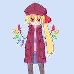  1girl alternate_costume blonde_hair coat contemporary flandre_scarlet hands_in_pockets hat kakinoki_mikan_(kari) red_eyes ribbon short_hair side_ponytail skirt smile solo sweater touhou wings 