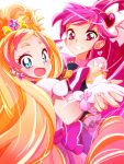  2girls aino_megumi aqua_eyes blonde_hair bow brooch cure_flora cure_lovely earrings eyebrows gloves go!_princess_precure hair_ornament hair_ribbon happinesscharge_precure! haruno_haruka heart_hair_ornament holding_hands jewelry long_hair magical_girl motoki_(hisano_motoki) multicolored_hair multiple_girls pink_eyes pink_hair pink_skirt ponytail precure ribbon skirt smile streaked_hair thick_eyebrows two-tone_hair white_background 