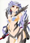  1girl breasts highres holding iona_(wixoss) kawachi_koorogi looking_at_viewer marker_(medium) navel red_eyes short_hair silver_hair solo stick traditional_media wings wixoss 