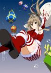  1girl amagi_brilliant_park antenna_hair bare_shoulders blush boots brown_hair christmas detached_sleeves floating_hair fur_trim gift hair_intakes hat highres long_hair looking_at_viewer pencil_skirt ponytail sack santa_hat sento_isuzu skirt solo sparkle striped striped_legwear thigh-highs yellow_eyes yoshiki360 