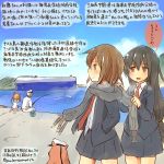  3girls abukuma_(kantai_collection) admiral_(kantai_collection) blazer blue_sky blush brown_eyes brown_hair clouds dock fishing fishing_rod hamster hands_in_pockets hatsushimo_(kantai_collection) kantai_collection kirisawa_juuzou long_hair low-tied_long_hair multiple_girls necktie ocean open_mouth red_eyes scarf school_uniform serafuku short_hair sitting skirt sky smile speech_bubble translation_request twitter_username wakaba_(kantai_collection) water 