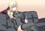  1girl bismarck_(kantai_collection) blonde_hair blue_eyes breasts couch crossed_legs cup grey_legwear highres kantai_collection no_hat sitting solo thigh-highs wamwam 