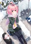  1girl ahoge bag black_legwear brown_eyes from_above highres looking_at_viewer original pantyhose pink_hair pleated_skirt sakuragi_ren scarf school_bag school_uniform short_hair sitting skirt snowing solo steam 