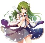  1girl blush cowboy_shot detached_sleeves frog_hair_ornament green_eyes green_hair hair_ornament hair_tubes heart heart-shaped_pupils kochiya_sanae long_hair looking_at_viewer navel oonusa skirt smile snake_hair_ornament solo symbol-shaped_pupils touhou zeb_nakaichi 