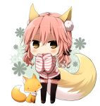  1girl animal animal_ears black_legwear blush caster_(fate/extra) casual chibi fate/extra fate_(series) fox fox_ears fox_tail hair_ornament kujiran long_hair looking_at_viewer open_mouth pink_hair solo tail thigh-highs twintails yellow_eyes 
