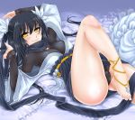  1girl anklet antaria barefoot black_hair blush breasts cleavage dress feet hair_ribbon jewelry legs long_hair long_sleeves lying on_back original panties ribbon smile solo thighs toes twintails underwear yellow_eyes 