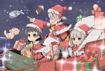  &gt;_&lt; 3girls arare_(kantai_collection) bell black_hair capelet christmas dai_yamaimo fur_trim gift grey_eyes hair_ornament hat heart kantai_collection kasumi_(kantai_collection) lavender_hair long_hair multiple_girls ooshio_(kantai_collection) open_mouth pointing sack santa_costume santa_hat short_hair side_ponytail silver_hair sleigh smile star stuffed_animal stuffed_toy teddy_bear twintails yellow_eyes 