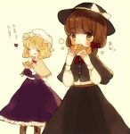  2girls blonde_hair boots bow brown_eyes brown_hair capelet closed_eyes eating food frills hair_bow hair_ornament hat hat_ribbon long_sleeves maribel_hearn mob_cap multiple_girls ribbon sash shirt short_hair simple_background skirt skirt_set smile text tongue tongue_out touhou translation_request usami_renko vest yellow_background yujup 