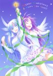  2girls arms_up asuna_(sao) asuna_(sao-alo) blue_eyes blue_hair dress hairband long_hair merry_christmas multiple_girls purple_hair star sword_art_online umi111 wand yuuki_(sao) 