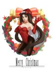  1girl bare_shoulders black_hair breasts christmas cleavage elbow_gloves fate/stay_night fate_(series) gift gloves green_eyes hair_ribbon leotard ribbon sanera solo toosaka_rin two_side_up wreath 