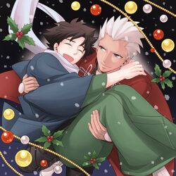  2boys archer bell carrying emiya_kiritsugu fate/stay_night fate_(series) holly japanese_clothes kimono multiple_boys princess_carry sanada_(teketo) scarf time_paradox white_hair 