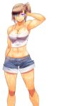  1girl abs blue_eyes breasts brown_hair cleavage glowing glowing_eyes hand_on_own_head heterochromia highres large_breasts midriff onibi_(foxhound4185) original patchwork_girl_(onibi) ponytail shorts standing sweat sweat_stain tank_top violet_eyes wet white_background 