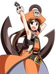 1girl :d anbe_masahiro anchor armpits arms_up brown_hair cowboy_shot guilty_gear hat long_hair looking_at_viewer may_(guilty_gear) open_mouth pants pirate_hat red_eyes simple_background smile solo white_background 