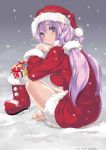  1girl akagi_rio barefoot blue_eyes blush christmas hat highres indian_style interlocked_fingers long_hair looking_back original purple_hair santa_costume santa_hat sitting smile snow snowing solo toes twintails 