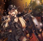  1girl bismarck_(kantai_collection) black_gloves blonde_hair breasts cannon donarudo gloves hat highres kantai_collection long_hair open_mouth outstretched_arm sideboob solo turret 