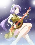  1girl biwa_lute dress flower hair_flower hair_ornament instrument kousei_(public_planet) long_hair lute_(instrument) musical_note one_eye_closed open_mouth purple_hair smile solo sweat touhou tsukumo_benben twintails violet_eyes 
