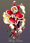  1girl alternate_costume artist_request black_legwear blonde_hair blue_eyes christmas collet_brunel flower gift light_particles long_hair merry_christmas pantyhose poinsettia pom_pom_(clothes) ribbon santa_boots santa_costume solo tales_of_(series) tales_of_symphonia 