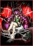  1girl absurdres braid duel_monster hair_bobbles hair_ornament highres insect_girl long_hair looking_at_viewer monster_girl navel pointy_ears purple_hair red_eyes silk skirt smile solo spider_girl spider_web spirit-edge tattoo traptrix_atrax twin_braids twintails yuu-gi-ou 