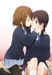  2girls brown_eyes brown_hair closed_eyes forehead_kiss glasses glasses_removed highres hirasawa_yui k-on! kagiana kiss manabe_nodoka multiple_girls one_eye_closed school_uniform short_hair yuri 