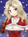  1girl :p blonde_hair blue_eyes bottle breasts capelet cleavage coca-cola dress elbow_gloves girls_und_panzer gloves hat highres holding kay_(girls_und_panzer) long_hair looking_at_viewer red_dress santa_costume santa_hat smile snow soda_bottle solo standing strapless_dress tongue tongue_out zakku_(kya--193) 