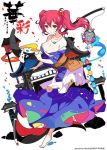  1girl adapted_costume artist_name bare_shoulders barefoot blue_dress breasts coin dress hair_bobbles hair_ornament ideolo jewelry long_hair long_sleeves necklace obi off_shoulder onozuka_komachi red_eyes redhead ribbon sash smile solo tagme touhou twintails 