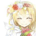  1girl alice_margatroid blonde_hair blush capelet closed_eyes commentary_request crying face flower flower_on_head hairband lily_(flower) lowres ribbon rose shiyuu_eriisago short_hair sketch smile solo streaming_tears tears touhou 