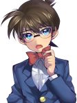  1boy blue_eyes bowtie brown_hair bust edogawa_conan face glasses highres looking_at_viewer maian male_focus meitantei_conan open_mouth short_hair simple_background solo 