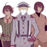  3boys bismarck_(kantai_collection) blonde_hair blue_eyes brown_gloves brown_hair genderswap gloves hair_ribbon hand_on_hip hat hyuuga_(kantai_collection) japanese_clothes kantai_collection looking_at_viewer male military military_hat military_uniform multiple_boys nagomi_(mokatitk) necktie peaked_cap ribbon short_hair simple_background smile tone_(kantai_collection) uniform white_background 