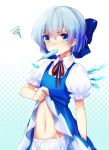  1girl blue_eyes blue_hair blush bow cirno hair_bow halftone halftone_background hot ice ice_wings mouth_hold navel popsicle puffy_sleeves shibuki_kamone shirt_lift short_hair short_sleeves solo squiggle touhou wings 