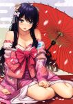  1girl :d absurdres animal_ears bare_shoulders black_hair blue_eyes blush breasts cleavage hair_ornament highres homunculus_(artist) japanese_clothes kimono looking_at_viewer open_mouth oriental_umbrella original petals sitting smile solo umbrella 