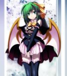  1girl alternate_costume bare_shoulders bow breasts cleavage cowboy_shot daiyousei detached_sleeves fairy_wings green_eyes green_hair highres long_hair looking_at_viewer pointy_ears s-syogo skirt solo thigh-highs touhou wings zettai_ryouiki 