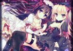  2girls black_hair blonde_hair breasts choker cleavage gothic_lolita hairband lolita_fashion lolita_hairband long_hair looking_at_viewer multiple_girls original parted_lips red_eyes rubi-sama violet_eyes 