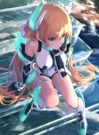  1girl angela_balzac blonde_hair blue_eyes bodysuit breasts expelled_from_paradise headgear highres long_hair mecha_musume serious sitting solo stairs supertie thighs very_long_hair 