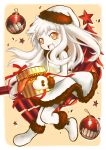  1girl :d box dress gift gift_box hat highres holding horns kantai_collection long_hair looking_at_viewer machinery mittens northern_ocean_hime open_mouth orange_eyes piano-alice santa_hat shinkaisei-kan smile solo white_dress white_hair white_skin 