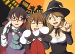  3girls animal_ears black_hair brown_eyes brown_hair cat_ears cosplay extra glasses gloves halloween hat hirasawa_yui k-on! long_hair manabe_nodoka multiple_girls paw_gloves short_hair tachibana_himeko tyotyotyori vampire witch witch_hat 