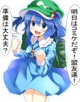  1girl backpack bag blue_dress blue_eyes blue_hair dress e.o. hair_bobbles hair_ornament hat highres kawashiro_nitori long_sleeves open_mouth smile solo touhou translation_request twintails 