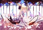  1girl bare_shoulders blonde_hair breastplate caliburn closed_eyes fate/stay_night fate_(series) faulds flower gauntlets highres joseph_lee lily_(flower) long_hair petals planted_sword planted_weapon ponytail saber saber_lily seiza sitting skirt solo sword weapon 