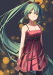  1girl absurdly_long_hair alternate_hairstyle bare_arms black_legwear bow breasts cleavage dress green_hair hair_bow hatsune_miku highres long_hair looking_at_viewer ponytail serious solo thigh-highs touboku very_long_hair vocaloid yellow_eyes zettai_ryouiki 