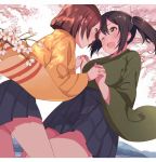  2girls ;o black_hair blue_eyes brown_hair cherry_blossoms cowboy_shot hiryuu_(kantai_collection) holding_hands interlocked_fingers iruma77 japanese_clothes jpeg_artifacts kantai_collection kimono looking_at_another multiple_girls one_eye_closed short_hair skirt souryuu_(kantai_collection) twintails 