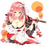  1girl all_fours bare_shoulders blush breast_hold breasts detached_sleeves hair_ornament japanese_clothes kanna_(horntp) katana kimono long_hair original pink_hair pointy_ears solo sweatdrop sword twitter_username weapon 