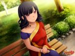  1girl asymmetrical_clothes bangle bangs bare_shoulders beli_lapran black_hair blunt_bangs bracelet commentary dark_skin game_cg highres hunie_pop indian indian_clothes jewelry long_hair looking_at_viewer ninamo official_art park park_bench red_eyes sari smile solo watermark 
