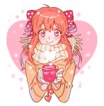  1girl :&gt; bow coat cup gekkan_shoujo_nozaki-kun gloves hair_bow heart kanapy mug orange_hair polka_dot polka_dot_bow sakura_chiyo scarf smile snowing violet_eyes white_gloves 