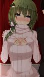  1girl blue_eyes chimunge frog green_hair hair_ornament highres kochiya_sanae long_hair open-chest_sweater parted_lips snake solo sweater touhou 