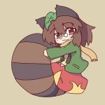 1girl :3 animal_ears brown_eyes brown_hair chibi futatsuiwa_mamizou glasses kakinoki_mikan_(kari) leaf leaf_on_head pince-nez raccoon_ears raccoon_tail scarf tail touhou