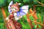  1girl :d alternate_eye_color animal animal_ears arm_garter bird bow branch brown_dress claws dress eurasian_tree_sparrow fingernails forest hat long_fingernails long_sleeves mystia_lorelei nature open_mouth pink_bow pink_hair puffy_long_sleeves puffy_sleeves short_hair singing smile sparrow touhou tree wings yamami-hosyo yellow_eyes 