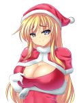  1girl blonde_hair breast_rest breasts capelet christmas cleavage dress dress_pull elbow_gloves gloves hat highres huge_breasts long_hair mokkori9 naughty_face red_dress santa_hat simple_background smile solo taut_clothes taut_dress touhou turtleneck violet_eyes white_background yakumo_yukari 