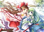  2girls blue_eyes blush bow brown_hair brown_legwear detached_sleeves frog_hair_ornament green_hair hair_bow hair_ornament hair_tubes hakurei_reimu holding interlocked_fingers kochiya_sanae long_hair looking_at_viewer marimo_moka multiple_girls navel skirt smile snake_hair_ornament touhou very_long_hair 